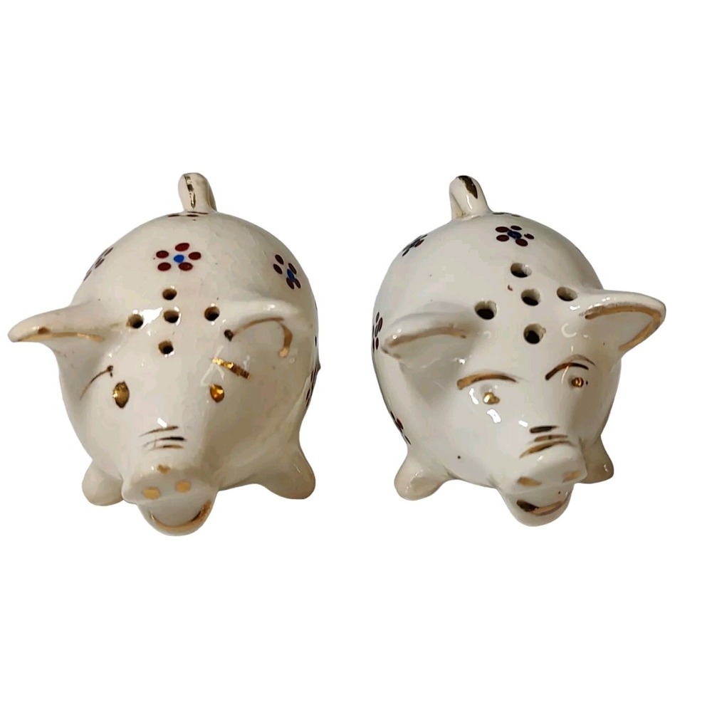 Vintage Ceramic Pig Salt and Pepper Shakers Hand Painted Flowers Gold Trim Japan